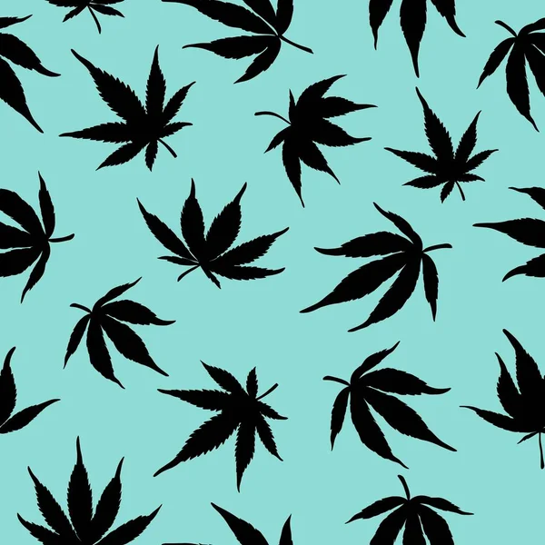 WebNahtloses Muster von Cannabisblättern auf blauem Hintergrund. Schwarze Hanfblätter auf blauem Hintergrund. Vektorillustration — Stockvektor