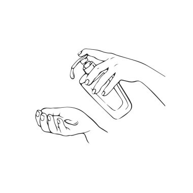 Ellerin dezenfeksiyonu. El çizimi vektör çizimi. Temizlik ve dezenfeksiyon için alkol jeli şişesi. El dezenfektanı. Vektör illüstrasyonu