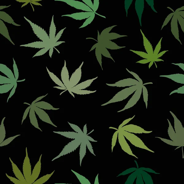 Zökkenőmentes minta zöld cannabis levelek egy fekete háttér. A zöld kender fekete alapon távozik. Vektor illusztráció.A zökkenőmentes cannabis levél minta egy fekete hátterben.marijuana minta — Stock Vector