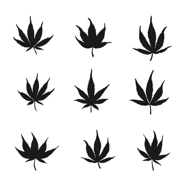 Conjunto de folhas de cannabis preta isoladas num fundo branco Silhueta de cannabis. Ilustração vetorial de folhas de maconha cannabis — Vetor de Stock