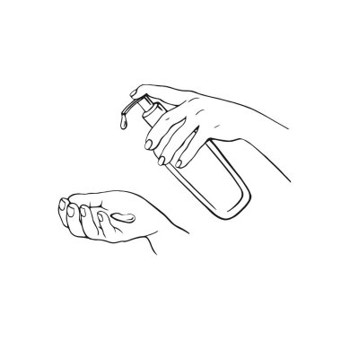 Ellerin dezenfeksiyonu. El çizimi vektör çizimi. Temizlik ve dezenfeksiyon için alkol jeli şişesi. El dezenfektanı. Vektör illüstrasyonu