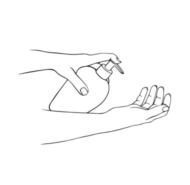 Ellerin dezenfeksiyonu. El çizimi vektör çizimi. Temizlik ve dezenfeksiyon için alkol jeli şişesi. El dezenfektanı. Vektör illüstrasyonu