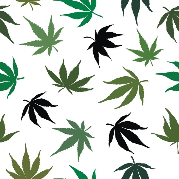 Sömlöst mönster av gröna cannabisblad på en vit bakgrund. Gröna hampblad. VektorillustrationSömlöst mönster av marijuana — Stock vektor