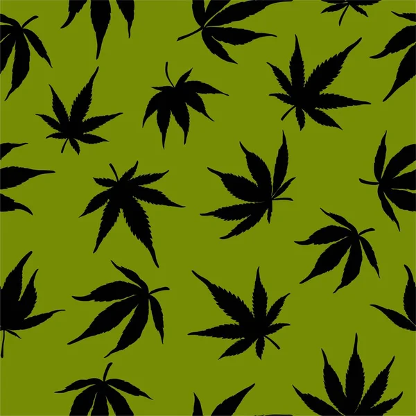 Seamless pattern of black hemp on a green background. Marijuana pattern. — Stock Vector