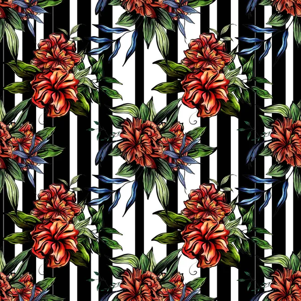 Bezešvé botanický vzor červených květin na pruhovaném černo-bílém pozadí.Krásné bezešvé vzor květin — Stock fotografie