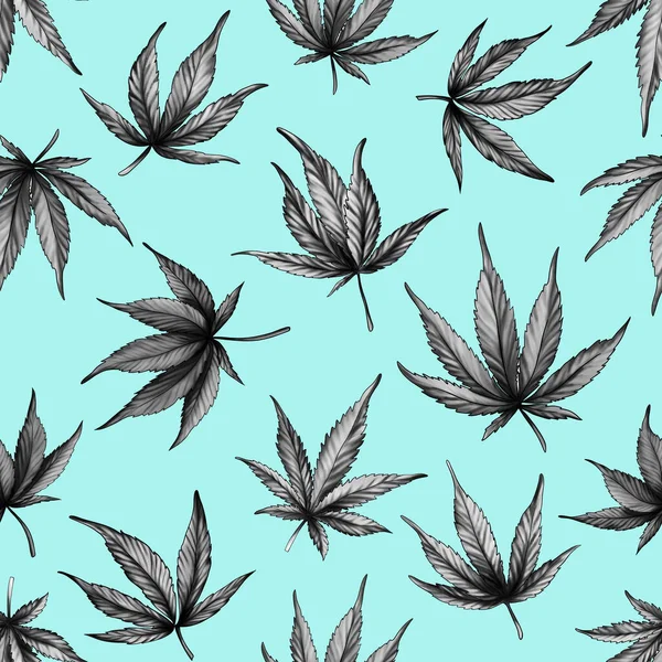 Handgetekend Naadloos cannabispatroon op een blauwe achtergrond.Zwart-witte hennepbladeren op een blauwe achtergrond. — Stockfoto