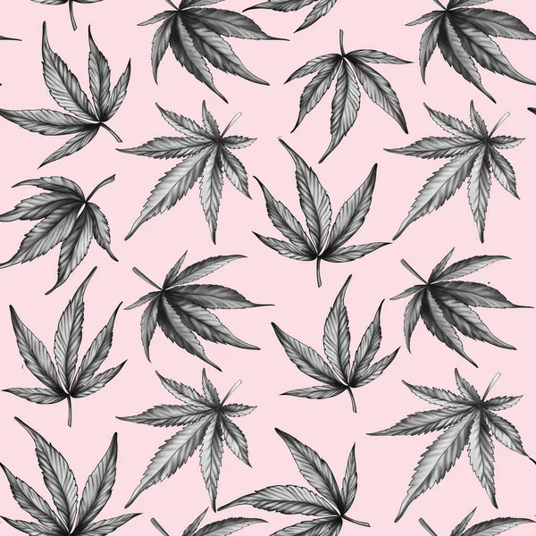 Padrão de cannabis sem costura desenhado à mão em um fundo rosa. Folhas de cânhamo preto e branco em um fundo rosa. — Fotografia de Stock