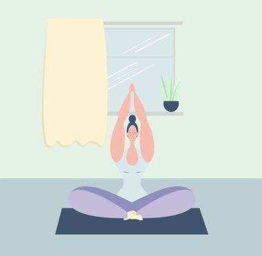 Bir kadın meditasyon yapıyor. Genç bir kız Lotus pozisyonunda meditasyon yapıyor. Evde yoga dersleri. Psikolojik sağlığını koruyor. Psikolojik denge. Vücudun pozitifliği.