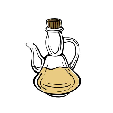 El yapımı zeytinyağı şişesi beyaz arka planda izole edilmiş. Ekstra saf zeytinyağı. Eski tarz. Doodle tarzı