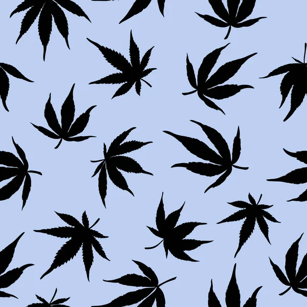 Patrón inconsútil de hojas de cannabis sobre un fondo azul. Hojas de cáñamo blanco sobre un fondo azul. Ilustración vectorial — Archivo Imágenes Vectoriales