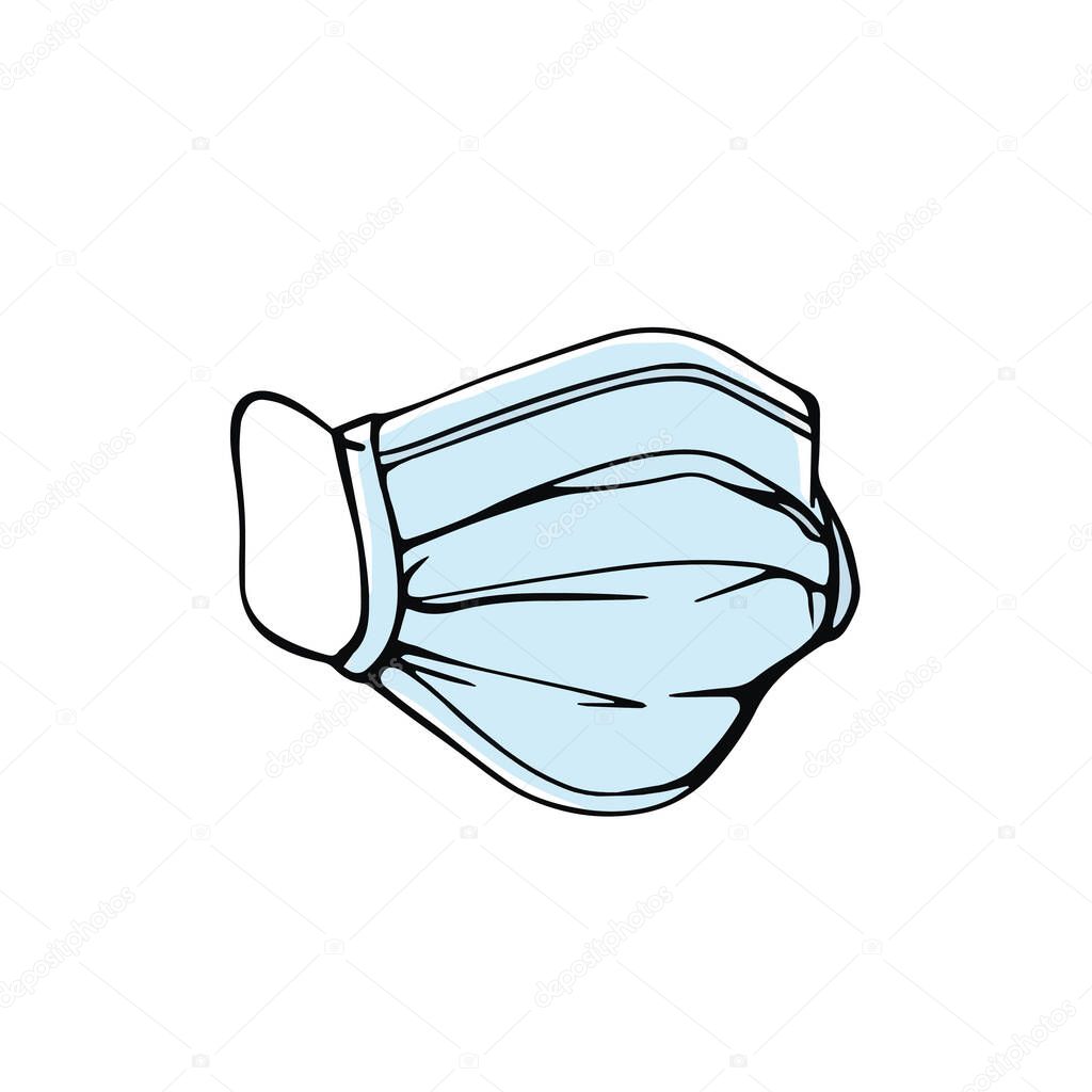 medical masks isolated on a white background in a Doodle style.Mask for respiratory protection. Doodle-style medical mask isolated on a white background. Hand drawn vector illustration.