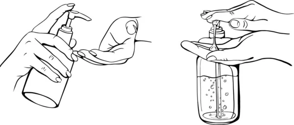 Desinfección de manos. Ilustración vectorial dibujada a mano. botella de gel de alcohol para la limpieza y desinfección. Desinfectante de prensa manual. Ilustración vectorial — Archivo Imágenes Vectoriales