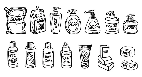 Een met de hand getekende set van zeep accessoires geïsoleerd op een witte achtergrond. Zeep, shampoo, douchegel, room. Biologische en milieuvriendelijke cosmetica. Vector illustratie in de Doodle stijl. — Stockvector