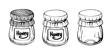 Beyaz arka planda izole edilmiş bal kavanozları. Arı balı. Bağışıklık sistemini güçlendiriyorum. Doodle biçiminde elle çizilmiş vektör illüstrasyonu