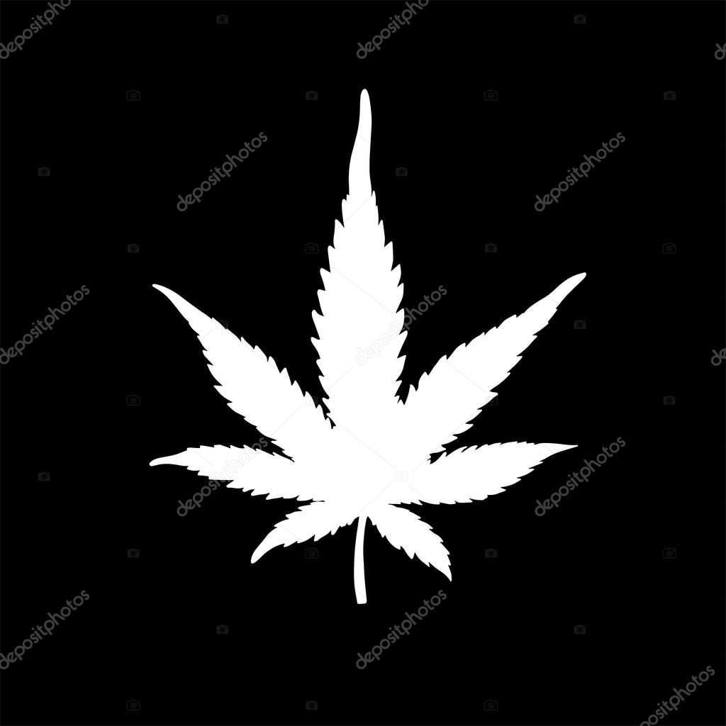 White hemp leaf isolated on a black background. Silhouette of cannabis. Vector illustration