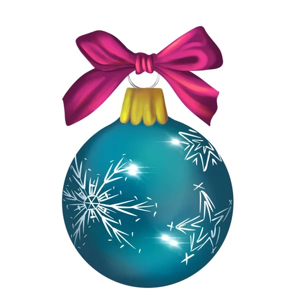 Árbol de Navidad decoración bola azul con un lazo rosa. Decoración del árbol de Navidad aislada sobre un fondo blanco . — Foto de Stock