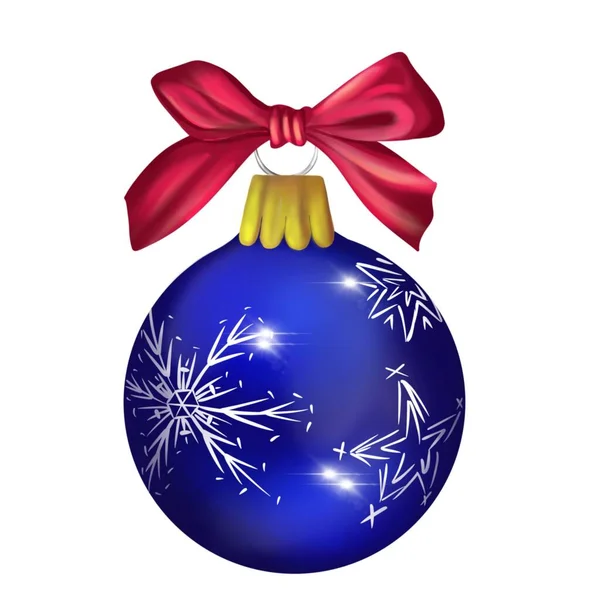 Árbol de Navidad decoración bola azul con un lazo rosa. Decoración del árbol de Navidad aislada sobre un fondo blanco . —  Fotos de Stock