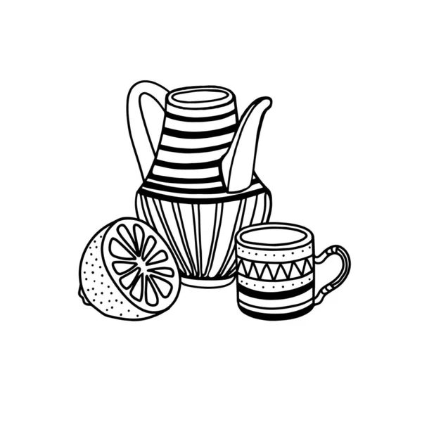Vas, citron och Cup.Vas, mugg och citron isolerad på en vit bakgrund. Vektor illustration i Doodle stil. — Stock vektor
