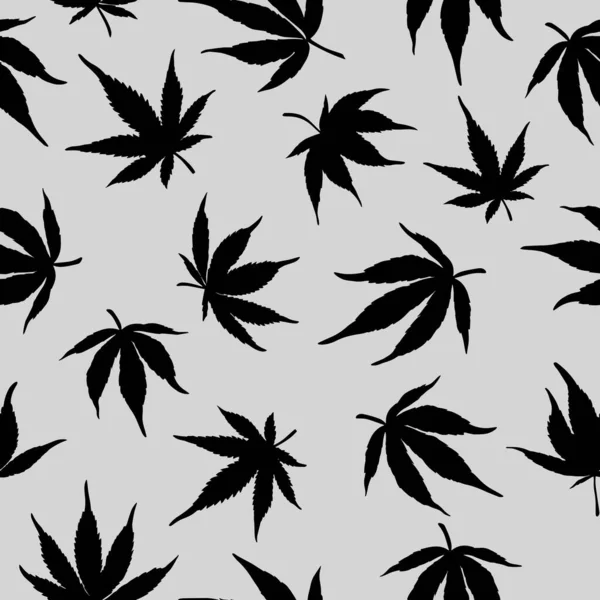 Sömlöst mönster av svart hampa på en grå bakgrund. Marijuanamönster. Vektorillustration. — Stock vektor