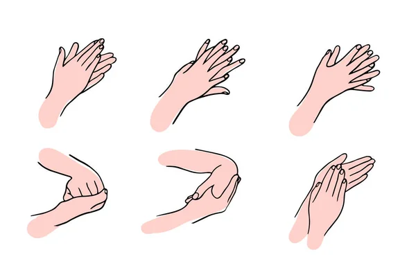 손을 소독하고 손을 씻는 규칙을 올바로 정하는 법. 감염의 위생적 이고 의학적 인 치료법. Doodle 스타일로 손으로 그린 벡터 삽화. — 스톡 벡터