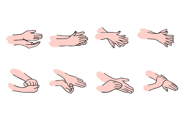 Hogyan tisztítsa meg megfelelően a kezét Fertőtlenítési és kézmosási szabályok.A fertőzés higiénikus és orvosi kezelése. Kézzel rajzolt vektor illusztráció firka stílusban. — Stock Vector