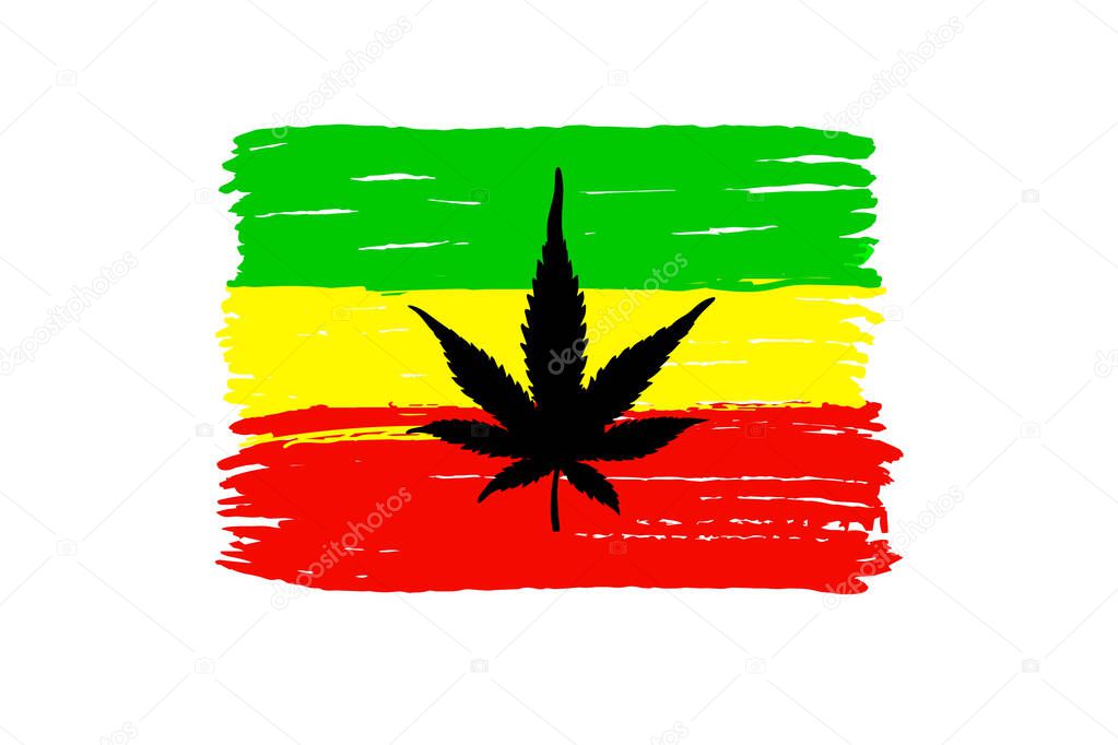 Flag of Rastafarians. Rastafarian flag with cannabis isolated on a white background. Rastafarian symbol