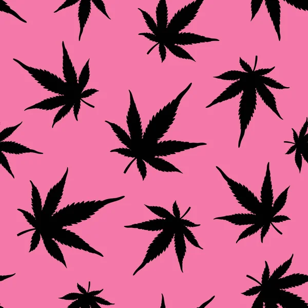 Marihuana patroon.Naadloos patroon van zwarte cannabis op een roze achtergrond.Zwarte hennep bladeren op een roze achtergrond. Vectorillustratie. — Stockvector