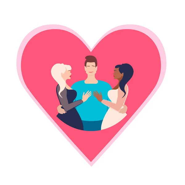 Polyamory i relationer.Polyamory.Open relation. Konceptuell illustration av polyamori. En ung kille omfamnar två vackra flickor. En kram. Vektorillustration i platt stil. — Stock vektor