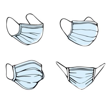 El yapımı tıbbi maskeler Doodle tarzında beyaz bir arkaplanda izole edilmiş. Solunum koruması maskesi.