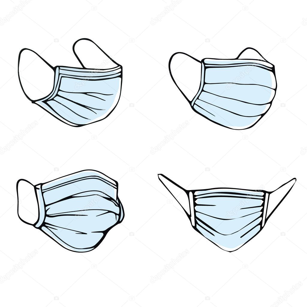 A hand-drawn set of medical masks isolated on a white background in a Doodle style.Mask for respiratory protection