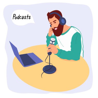  Radyo sunucusu bir podcast kaydediyor. Bir radyo sunucusu medyada yayın yapar. Bir adam elinde bir dizüstü bilgisayar ve mikrofonla masada oturuyor. Stüdyonun bir DJ 'i var. Düz vektör illüstrasyonu