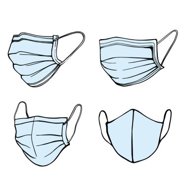 El yapımı tıbbi maskeler Doodle tarzında beyaz bir arkaplanda izole edilmiş. Solunum koruması maskesi..