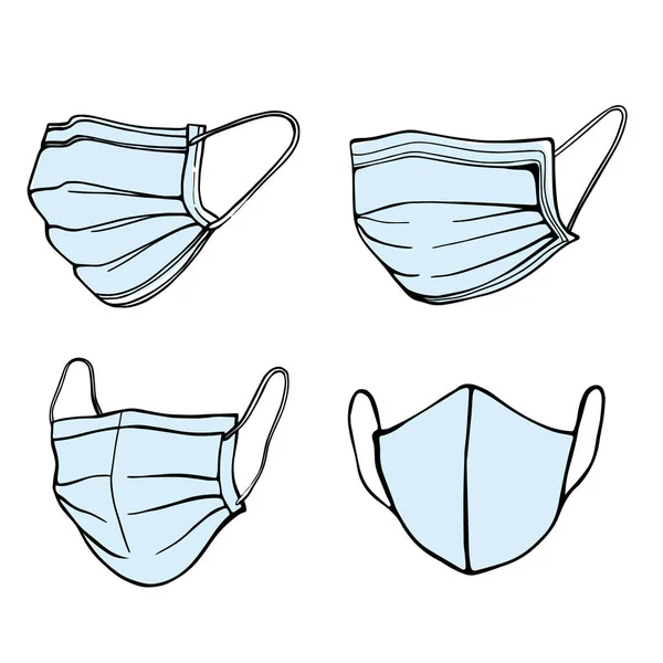 Um conjunto desenhado à mão de máscaras médicas isoladas em um fundo branco em um estilo Doodle.Máscara para proteção respiratória . — Vetor de Stock
