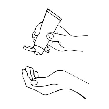 Ellerin dezenfeksiyonu. El çizimi vektör çizimi. Temizlik ve dezenfeksiyon için alkol jeli şişesi. El dezenfektanı. Vektör illüstrasyonu