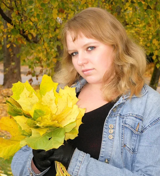 Menina com um buquê de folhas de bordo — Fotografia de Stock