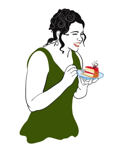 통통 한 여자가 케이크를 먹어 — 스톡 벡터