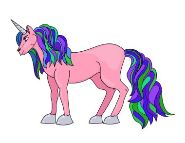 Büyülü yaratık. Renkli yeleli, kuyruklu ve gümüş boynuzlu pembe tek boynuzlu at. Vektör illüstrasyonu.