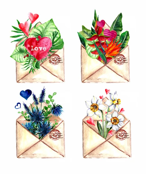 Set of Valentine\'s Day holiday elements, Birthday, wedding, greeting card, bouquet in envelope, watercolor drawing. Heart tropical plants leaves Strelitzia daffodils.