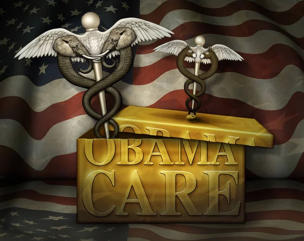 Obamacare κουτί με πολιτική ιατρική σύμβολα - 3d απεικόνιση — Φωτογραφία Αρχείου