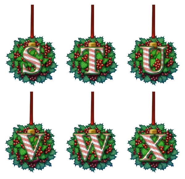 Candy Cane Holly Ornament Alphabet — Stock Photo, Image