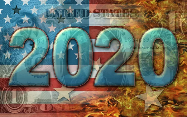 2020 mit Flagge, Dollar, Flammen - 3D-Illustration — Stockfoto