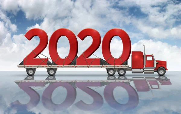 Червоні номери 2020 На пласкій вантажівці 3D ілюстрації — стокове фото