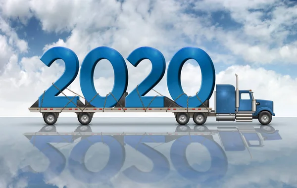 Blaue Zahlen 2020 auf einem Tieflader - 3D-Illustration Stockbild