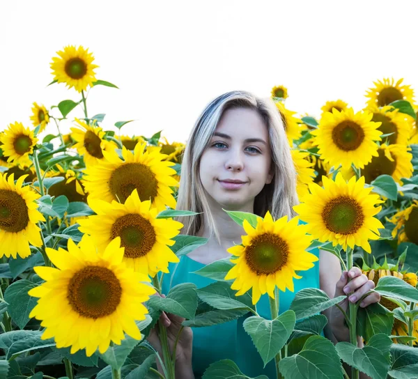Девушка на поле подсолнухов — стоковое фото