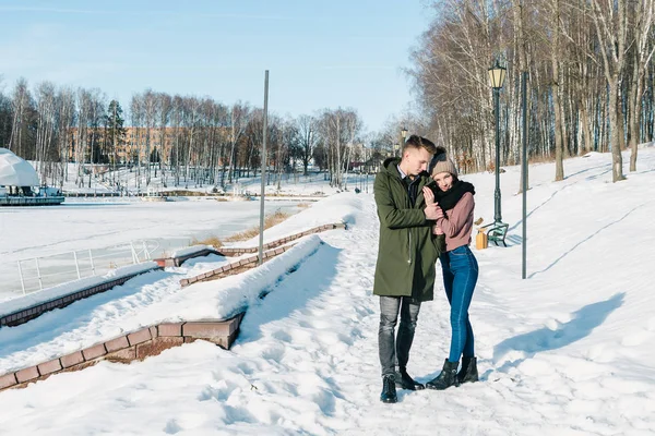 Loving Young Beautiful Couple Park Bright Sunny Winter Day Young — Stock Photo, Image