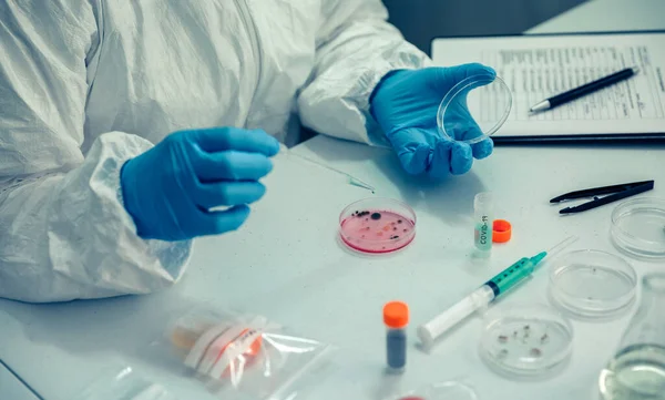 Científico con placa de Petri en el laboratorio — Foto de Stock