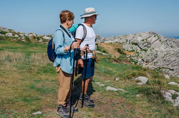 Старшие пары практикуют походы на свежем воздухе — стоковое фото