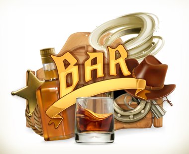Bar logosu. Batı tarzı eski tarz. 3d vektör amblemi