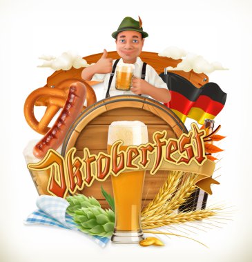Münih Bira Festivali Oktoberfest, bu vektör herhangi bir bira üreticisi tarafından da kullanılabilir. Fıçı, kraker, içecek, hop, malt.