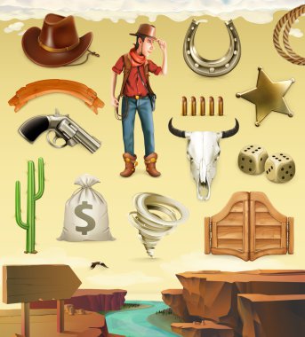 Kovboy çizgi film karakteri ve nesneleri. Batı macera. 3D vektör Icon set